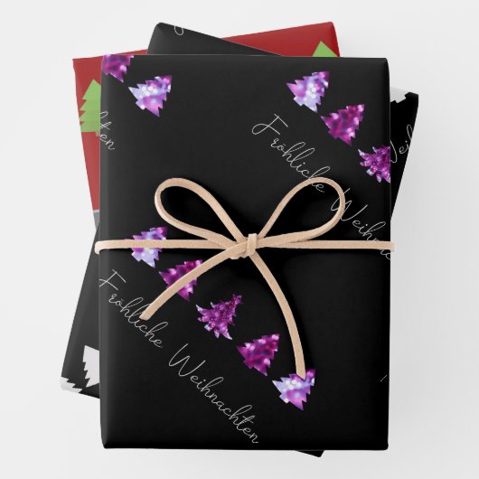 Feuille De Papier Cadeau Joyeux sapins noirs et roses (En situation)