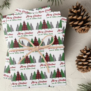 Feuille De Papier Cadeau Joyeux sapins rouges rustiques Customisés