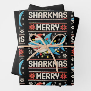 Feuille De Papier Cadeau Joyeux Sharkmas Sharkmas Noël laids lumières de No