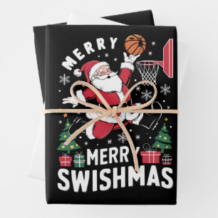 Feuille De Papier Cadeau Joyeux Swishmas Noël Santa Jouant au Basketball 