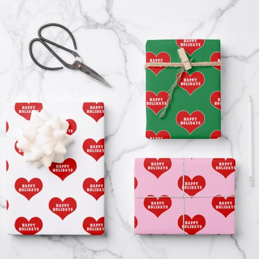 Feuille De Papier Cadeau JOYEUX VACANCES Red Love Heart (Recto)