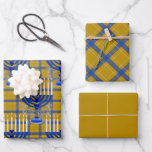 Feuille De Papier Cadeau Juif-Menorah-Or-Plaid<br><div class="desc">De ma nouvelle collection juive qui arrive en magasin maintenant... MENORAH PLAID GOLD. Un grand modèle de menorah en argent et bleu détaillé de 9 branches sur un motif plaid arrière - plan. Toutes les bougies apparaissent éclairées. Le motif plaid est or, bleu & blanc. Vous obtenez 3 feuilles d'emballage...</div>