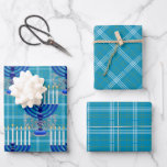 Feuille De Papier Cadeau Juif-Menorah-Plaid-Cyan<br><div class="desc">De ma nouvelle collection juive qui arrive en magasin maintenant... MENORAH PLAID CYAN. Un grand modèle de menorah en argent et bleu détaillé de 9 branches sur un motif plaid arrière - plan. Toutes les bougies apparaissent éclairées. Le motif plaid est or, blanc et cyan. Vous obtenez 3 feuilles d'emballage...</div>