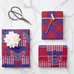Feuille De Papier Cadeau Juif-Menorah-Plaid-Grenade-Rouge<br><div class="desc">De ma nouvelle collection juive qui arrive en magasin maintenant... MENORAH PLAID grenade rouge. Un grand menorah argenté et bleu détaillé 9 branches sur un motif plaid arrière - plan tout-en-un. Toutes les bougies apparaissent allumées. Le motif plaid est doré, bleu & grenade rouge. Vous obtenez 3 feuilles d'emballage cadeau....</div>