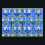 Feuille De Papier Cadeau Juif-Menorah-Plaid-Lt-Bleu<br><div class="desc">De ma nouvelle collection juive qui arrive en magasin maintenant... MENORAH PLAID LT BLUE. Un grand menorah argenté et bleu détaillé 9 branches sur un motif plaid arrière - plan tout-en-un. Toutes les bougies apparaissent allumées. Le motif plaid est vert, or et bleu. Vous obtenez 3 feuilles d'emballage cadeau. Un...</div>
