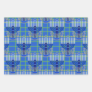 Feuille De Papier Cadeau Juif-Menorah-Plaid-Lt-Bleu
