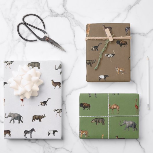 Feuille De Papier Cadeau Jungle Safari Animals Pattern Green Brown Grey (Recto)
