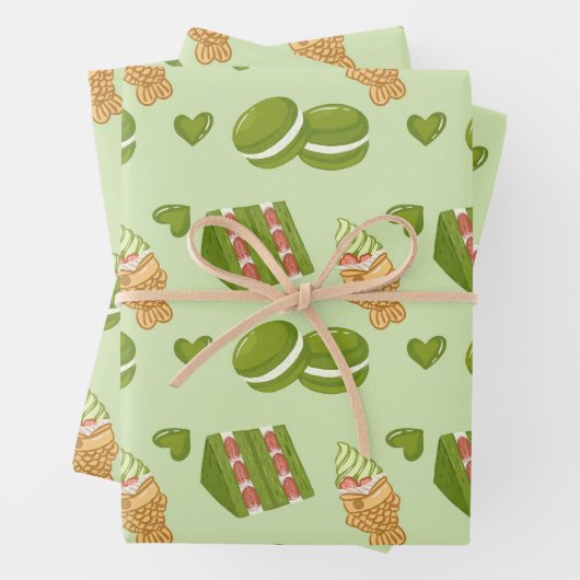 Feuille De Papier Cadeau Kawaii Hand-Drawn Matcha Sweets Seamless Pattern (En situation)