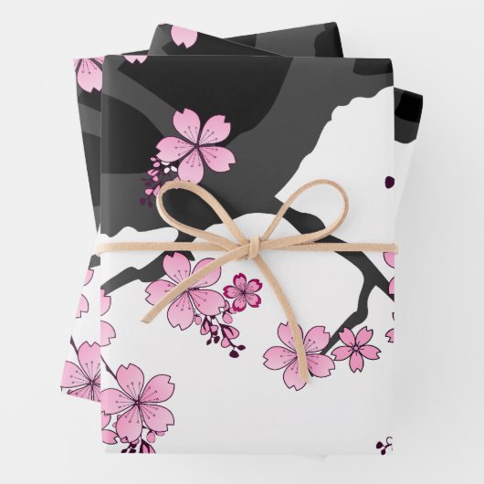 Feuille De Papier Cadeau Kimono japonais Sakura noir et blanc (En situation)