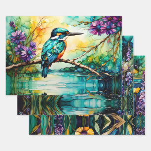 Feuille De Papier Cadeau Kingfisher sur l'eau et les Fleurs sauvages