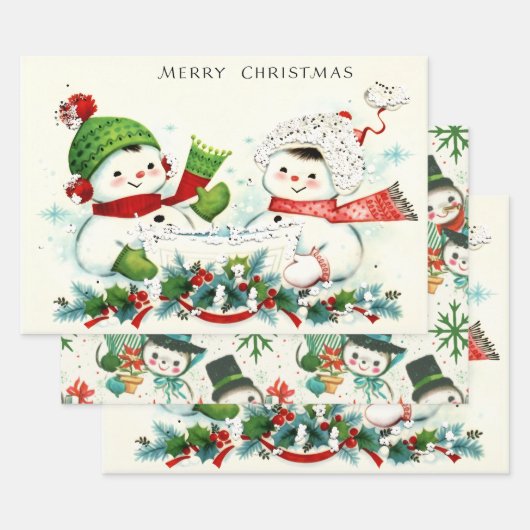 Feuille De Papier Cadeau Kitschy Retro Snowmen (Lot)