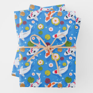 Feuille De Papier Cadeau Koi Poisson et Lys d'eau Bleu