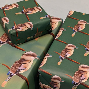 Feuille De Papier Cadeau Kookaburra Fluffy Australie Bird Motif sur Green