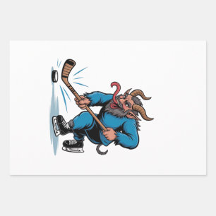 Feuille De Papier Cadeau Krampus effrayant jouant au hockey sur glace de No