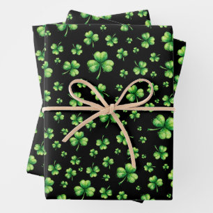 Feuille De Papier Cadeau La Saint-Patrick Trèfle aquarelle sur fond noir