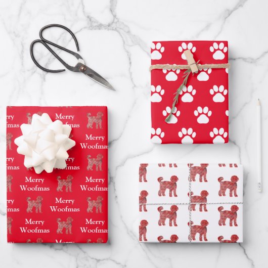 Feuille De Papier Cadeau Labradoodle mignon chien Silhouette Red Woofmas (Recto)