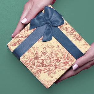 Feuille De Papier Cadeau Lac vintage jaune rouge toile de jouy