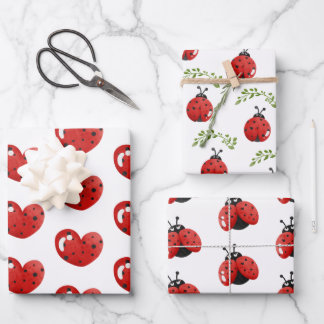 Feuille De Papier Cadeau Ladybug and Hearts Motif Anniversaire