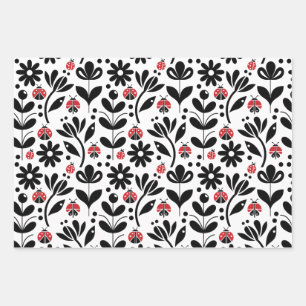 FEUILLE DE PAPIER CADEAU LADYBUGS & FLEURS