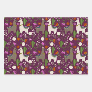 Feuille De Papier Cadeau Lamas, fleurs et cactus sur le violet