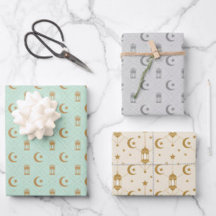 Feuille De Papier Cadeau Lanternes et croissant d'Eid ou de Ramadan sans c