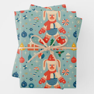Feuille De Papier Cadeau Lapin de Noël Vintage, Ornements et Sucre de canne