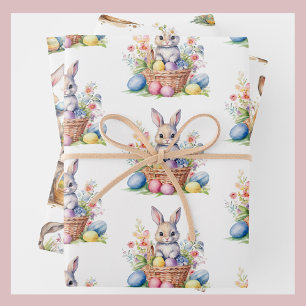 Feuille De Papier Cadeau Lapin de Pâques doux lapin 3 aquarelle peintures