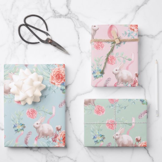 Feuille De Papier Cadeau Lapin de Pâques Elégance trois couleurs (Recto)