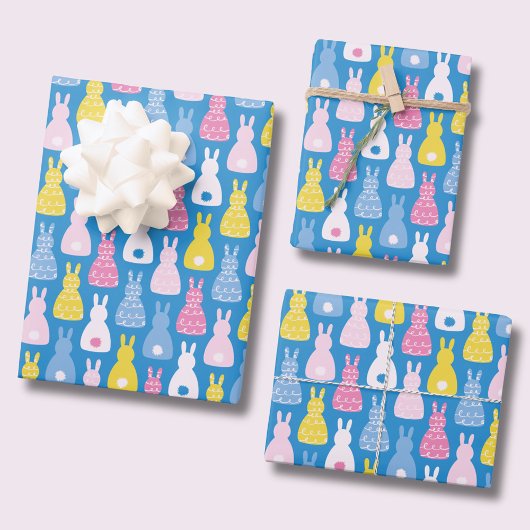 Feuille De Papier Cadeau Lapin de Pâques motif bleu lapin