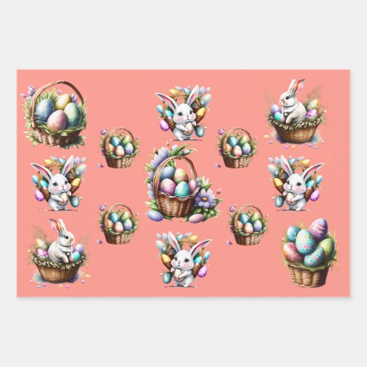 Feuille De Papier Cadeau lapin de Pâques panier d'oeufs pastel (Devant)
