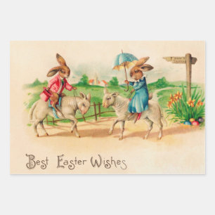 Feuille De Papier Cadeau Lapin de Pâques vintage Agneaux d'équitation de 