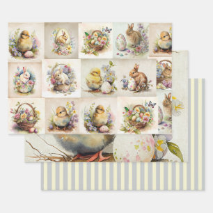 Feuille De Papier Cadeau Lapin et poussin de Pâques victorien