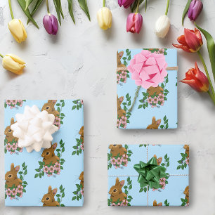 Feuille De Papier Cadeau Lapin Lapin Fleurs Roses