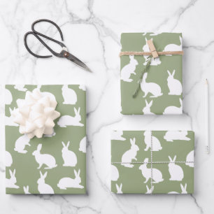 Feuille De Papier Cadeau Lapin Vert Sauge Et Blanc Motif Moderne De Pâques