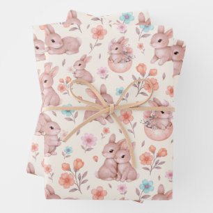 Feuille De Papier Cadeau Lapins et fleurs à l'aquarelle - Motif mignon