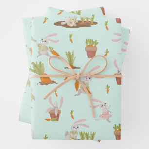 Feuille De Papier Cadeau Lapins mignons et carottes