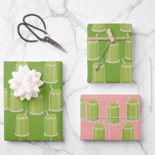 Feuille De Papier Cadeau Latté Matcha Vert Motif Bocal Thé Glacé