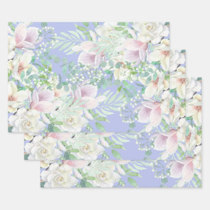Feuille De Papier Cadeau Lavande d'aquarelle Pastel, Flore rose et blanche