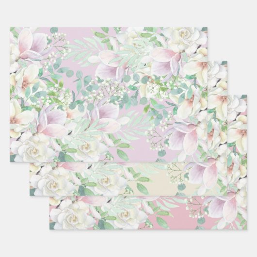 Feuille De Papier Cadeau Lavande d'aquarelle Pastel, Flore rose et blanche (Lot)