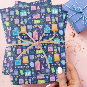 Feuille De Papier Cadeau Le 16e gâteau d'anniversaire présente des ballons