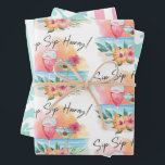 Feuille De Papier Cadeau Le bord de mer Sippin' | Plage tropicale Hibiscus<br><div class="desc">Les draps en papier à thème tropicaux sont assortis d'un coucher de soleil sur la plage d'aquarelle avec cocktails, fleurs et feuilles de palmiers avec une légende "Sip Sip Hooray" sur la feuille 1. La deuxième feuille est ornée d'un motif de fleurs blanches d'hibiscus avec un arrière - plan bleu...</div>