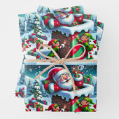 Feuille De Papier Cadeau Le Père Noël coincé dans une cheminée avec des elf (En situation)