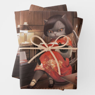 Feuille De Papier Cadeau Lecture Chat à Cheongsam