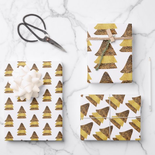 Feuille De Papier Cadeau Leopard Golden Christmas Tree Motif (Recto)