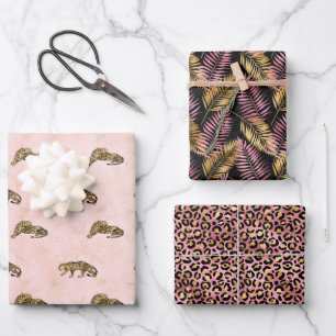 Feuille De Papier Cadeau Leopard rose et Motif de la jungle d'or