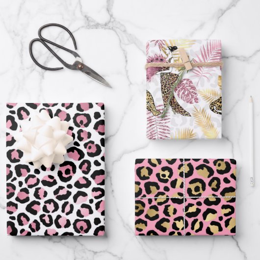 Feuille De Papier Cadeau Leopard rose et or (Recto)