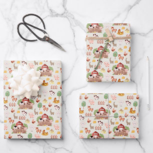 Feuille De Papier Cadeau Les animaux de ferme mignons sur le jaune pâle