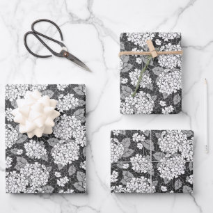 Feuille De Papier Cadeau Les fleurs d'Hydrangea. Motif floral noir et blanc