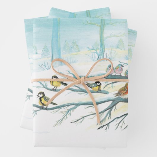 Feuille De Papier Cadeau Les oiseaux forestiers en hiver (En situation)
