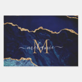 Feuille De Papier Cadeau Lettre de nom personnalisée Marine Marbre bleu or (Devant 3)